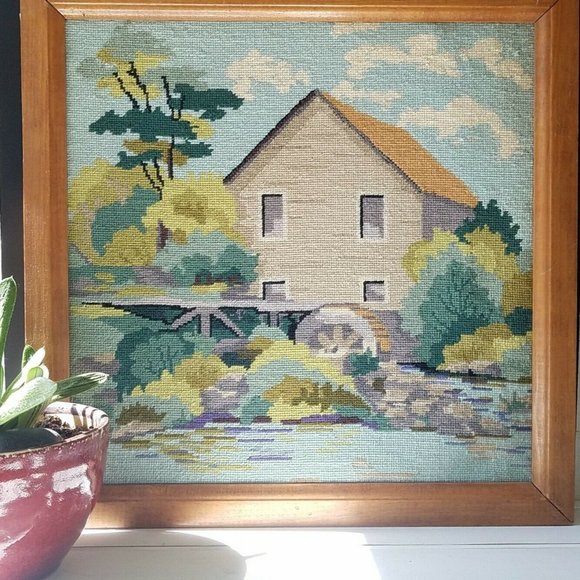 Vtg NEEDLEPOINT Tapestry- Cottage and Water Mill - Picture 1 of 10